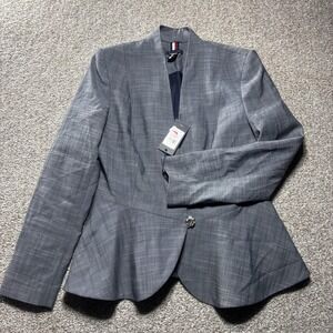 Tommy Hilfiger Blazer Womens 10 Gray Peplum Open Front One Button Career Jacket